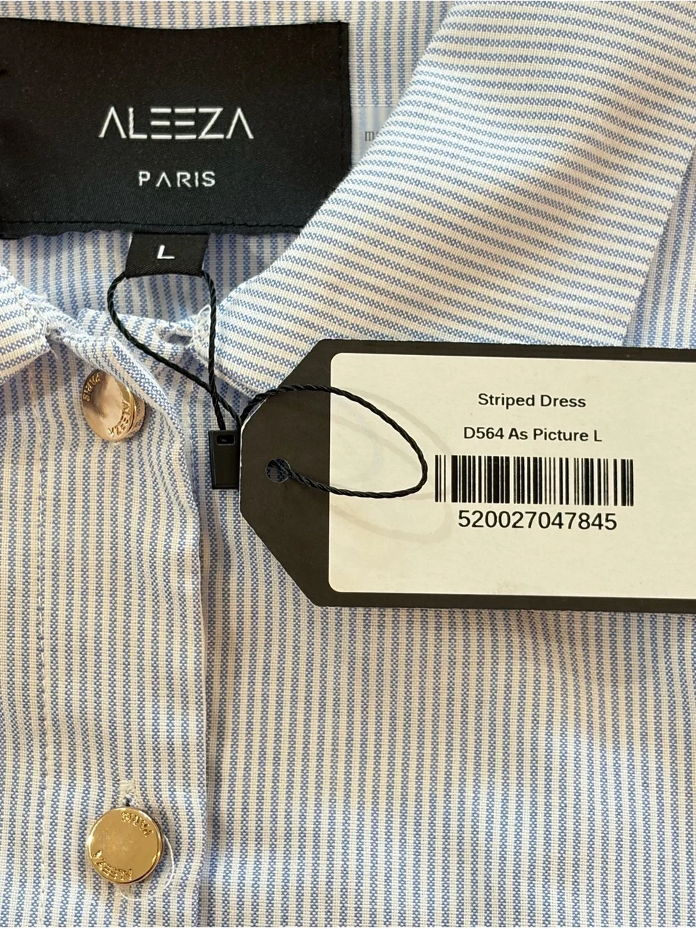 NWT SZ L Aleeza Paris Amazing Light Blue Pinstripe Maxi Dress w/Contrast Cuffs - Picture 3 of 8